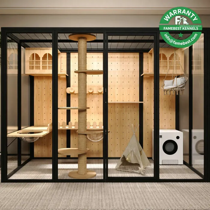 Commercial Pet Hotel Cat Villa Black Aluminum Alloy Frame Full Tempered Glass Enclosure Optional Ventilated Side Mesh