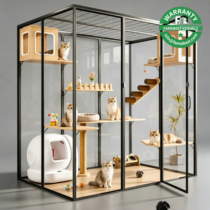 Modern Luxury Black Aluminum Tempered Glass Cat House Breathable Mesh Top Anti-Escape Cat Enclosure Custom Sizes
